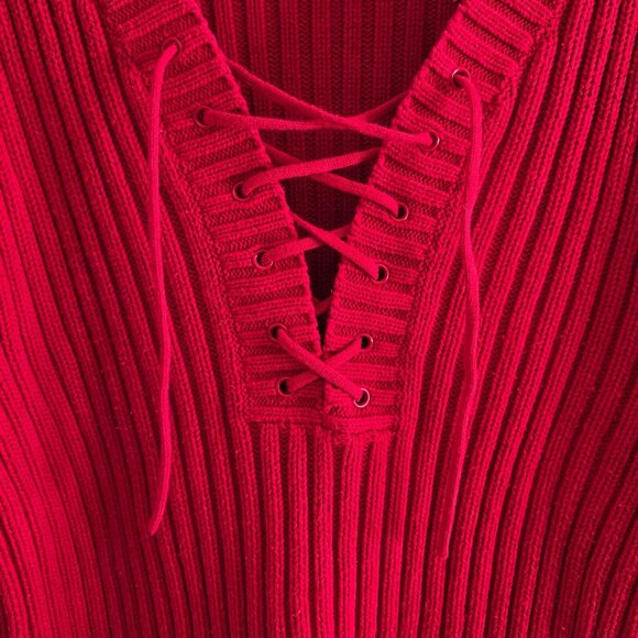 Vintage 90s Nine West Lace Up Ribbed Sweater Size XL Red Cotton Chunky Knit - Picture 2 of 7